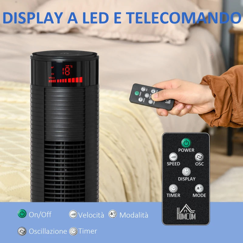 HOMCOM Ventilatore a Torre 45W a 4 Modalità e 3 Velocità con Timer da 12h, in ABS, 31.5x31.5x96 cm, Nero