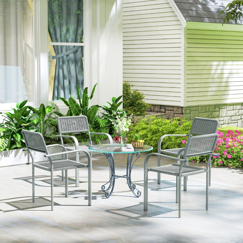 Outsunny Stackable Garden Chairs Set of 4, Rattan Effect Outdoor Dining Chairs, Light Grey