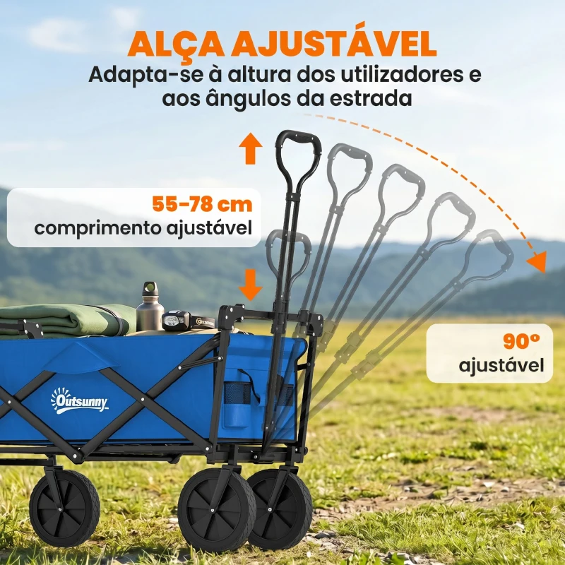 Outsunny Carrinho de Transporte Dobrável com Toldo Removível e Alça Ajustável Capacidade 100 kg para Campismo 97x52x105 cm Azul
