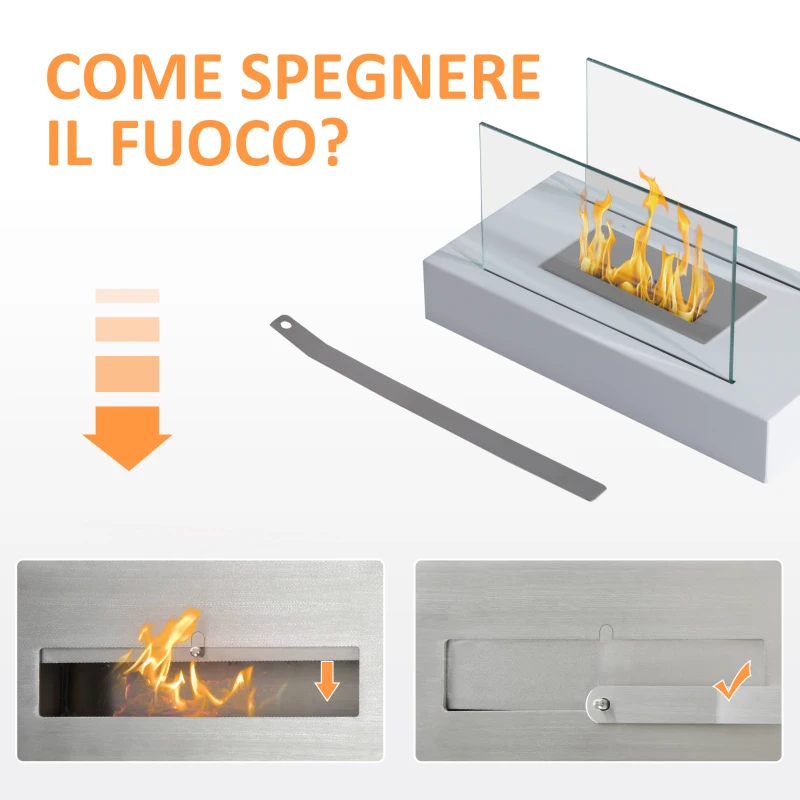 HOMCOM Camino a Bioetanolo da Tavolo 830 W Bruciatori senza Residui Inodore In Acciaio Inox con Vetro 35x18x21 cm Bianco