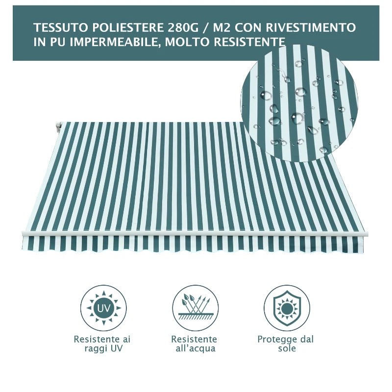 Outsunny Tenda da Sole a Bracci per Esterno con Manovella, Metallo e Poliestere, 295x250cm Verde e Bianco