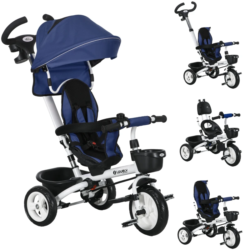 HOMCOM Tricycle 6 en 1 pour enfants, poignée de poussée, siège réversible, panier, auvent, ceinture de sécurité, 1-5 ans, bleu