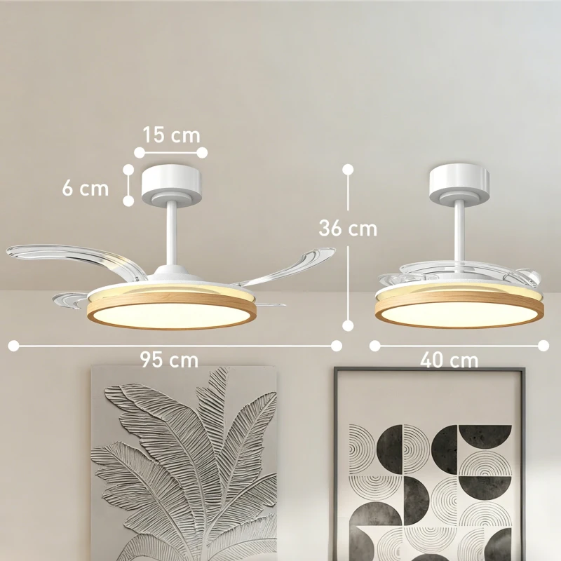 HOMCOM Ventilateur de plafond avec lumière et télécommande, plafonnier ventilateur 95 cm avec pales rétractables, bois naturel