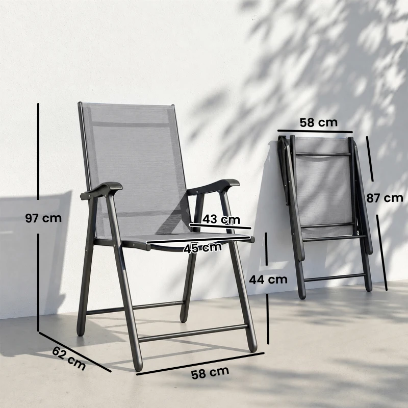 Outsunny Folding Garden Chairs Set of 2, Foldable Garden Dining Chairs with High Back, Armrests, Texteline Seat, Light Grey