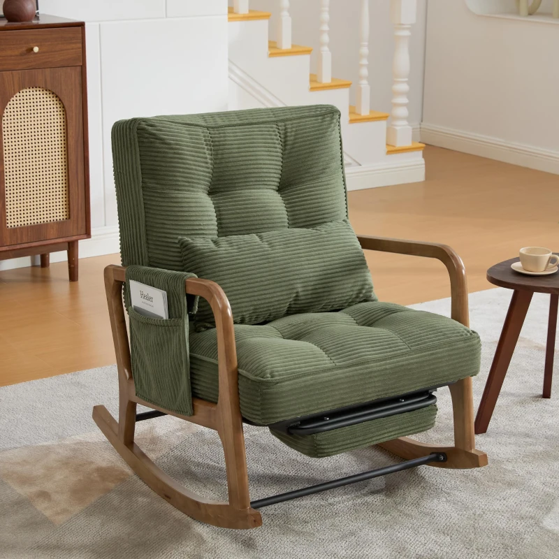 Cozy Rocking Chair with Adjustable Footrest and Side Pocket, Soft Corduroy Glider Armchair for Nursery, 92L x 80W x 70H cm, Green