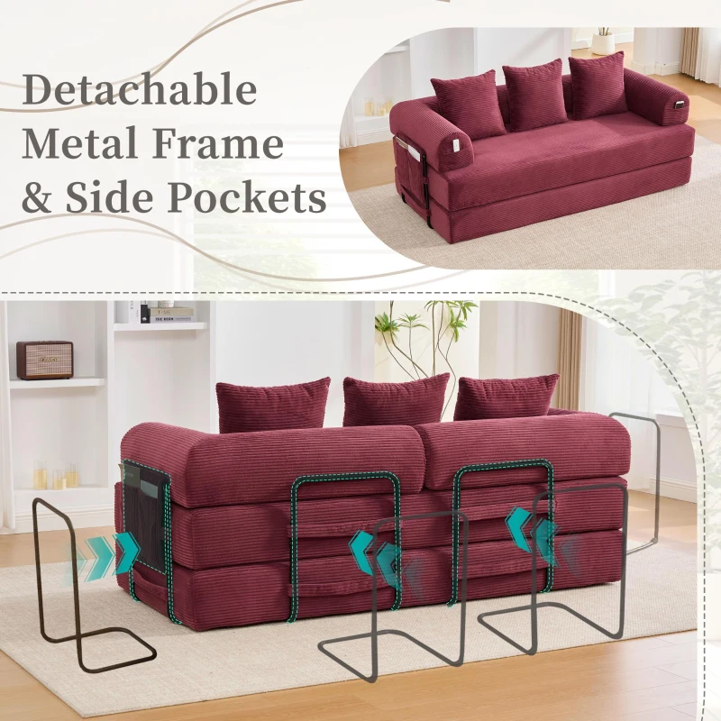 Cozy Compressible Folding Sofa with Detachable Metal Frame, Soft Modular Sectional Couch for Small Apartment, 110L x 33W x 33H cm, Wine Red