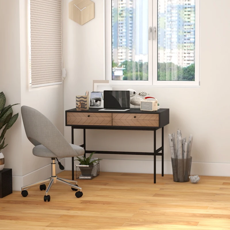 HOMCOM Bureau compact console avec 2 tiroirs, façades chevrons, structure métal noir, 106L x 50l x 77H cm