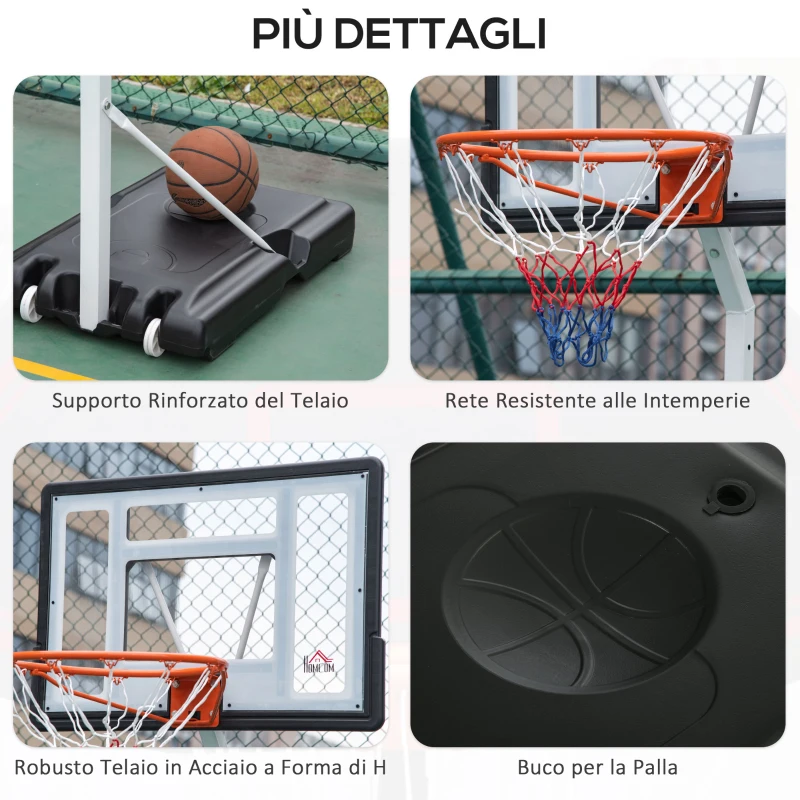 HOMCOM Canestro Basket per Adulti con Tabellone in PVC Regolabile 210-260cm Ruote Integrate Bianco