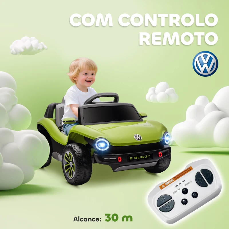 AIYAPLAY Carro Elétrico para Crianças Volkswagen E-Buggy Bateria 12V com Controlo Remoto 2,4 G Faróis LED Música USB 98x56,5x47 cm Verde