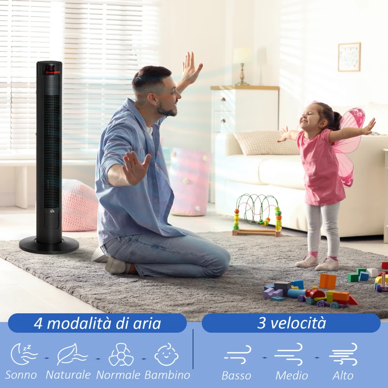 HOMCOM Ventilatore a Torre 45W a 4 Modalità e 3 Velocità con Timer da 12h, in ABS, 31.5x31.5x96 cm, Nero