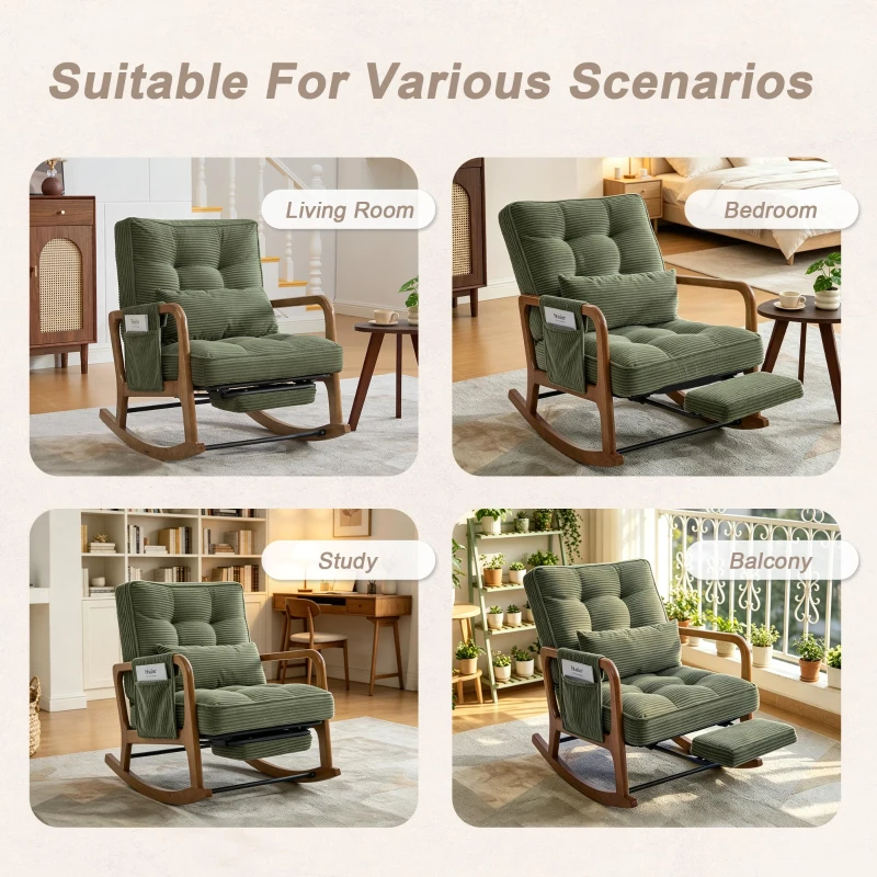 Cozy Rocking Chair with Adjustable Footrest and Side Pocket, Soft Corduroy Glider Armchair for Nursery, 92L x 80W x 70H cm, Green