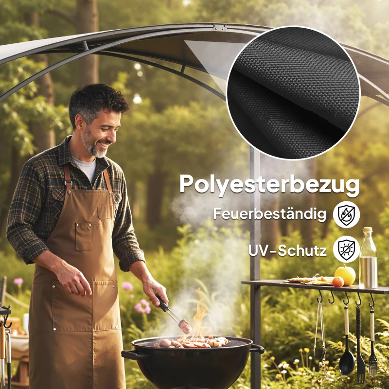 Outsunny Grillpavillon 2,4 x 1,5 m flammhemmend Gartenpavillon mit Bogendach Seitenregale Haken Dunkelgrau