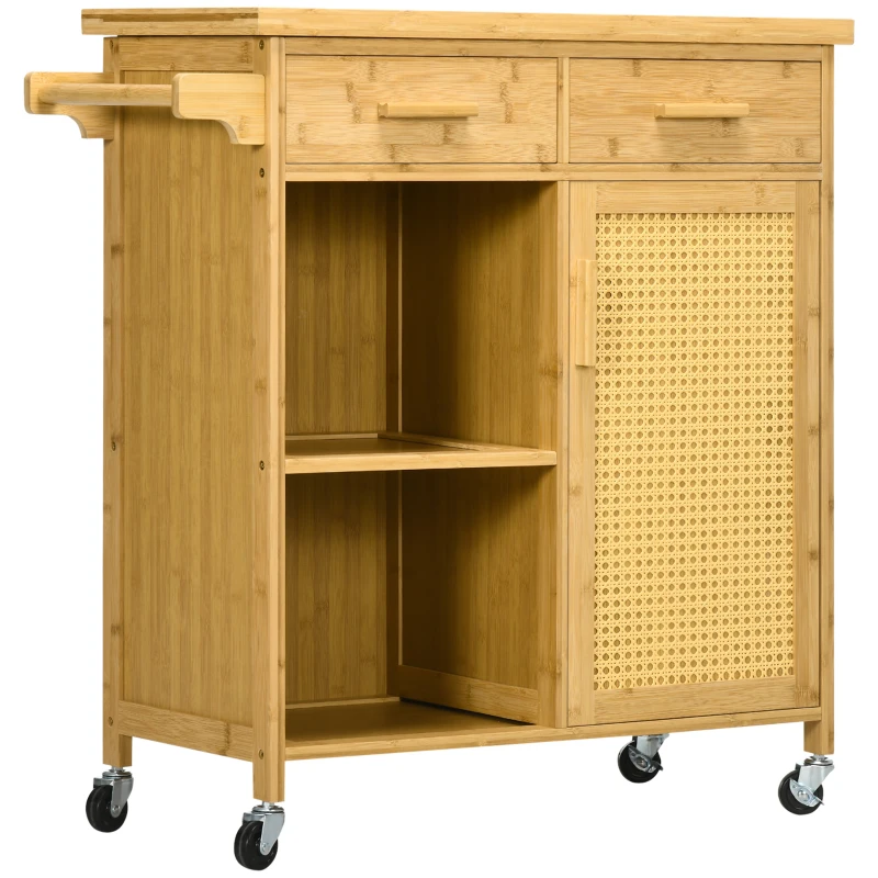HOMCOM Küchenwagen aus Bambus, Mehrzweckwagen, Sevierwagen, 2 Schubladen, 1 Schrank,  2 Regale, Natur