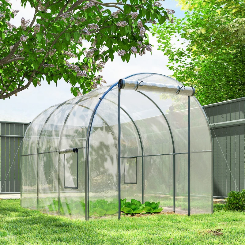Outsunny Polytunnel Greenhouse Walk-in Grow House with Plasric Cover, Door, Mesh Window and Steel Frame, 3 x 2 x 2m, Clear