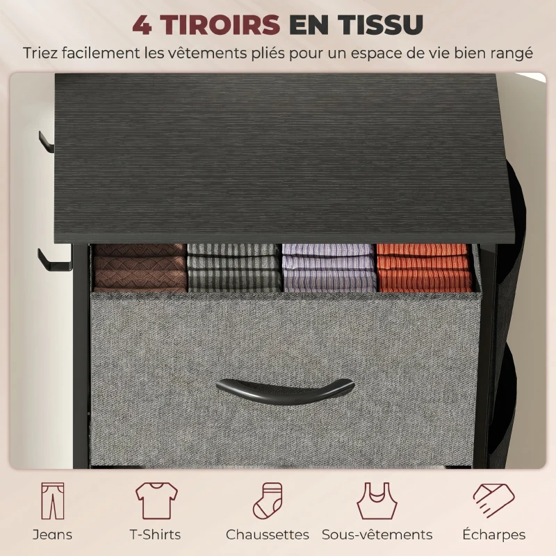 HOMCOM Commode 4 tiroirs en tissu, meuble de rangement avec 4 poches, 2 crochets, structure en acier, 45 x 30 x 94,5 cm, gris