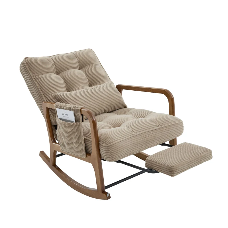 Cozy Rocking Chair with Adjustable Footrest and Side Pocket, Soft Corduroy Glider Armchair for Nursery, 92L x 80W x 70H cm, Khaki