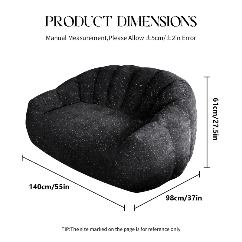 Plush 2-Seater Bean Bag Sofa with High Density Sponge, Cosy Lazy Couch for Gaming Room and Pet-Playing Room, 140L x 98W x 61H cm, Black