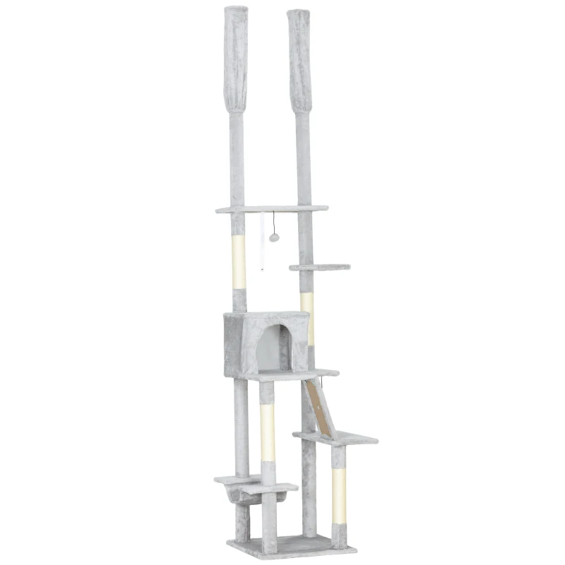 PawHut Albero Tiragraffi a Soffitto con Altezza Regolabile 225-255 cm con Casetta e Amaca, Grigio Chiaro