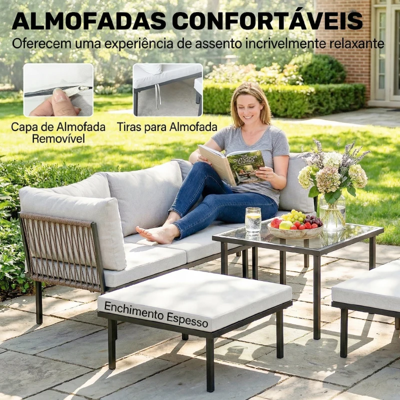 Outsunny Conjunto de Jardim Exterior de 6 Peças com Sofá de 2 Lugares, Módulo de Canto, 2 Assentos, Apoio para Pés e Mesa de Vidro, Cinzento Claro