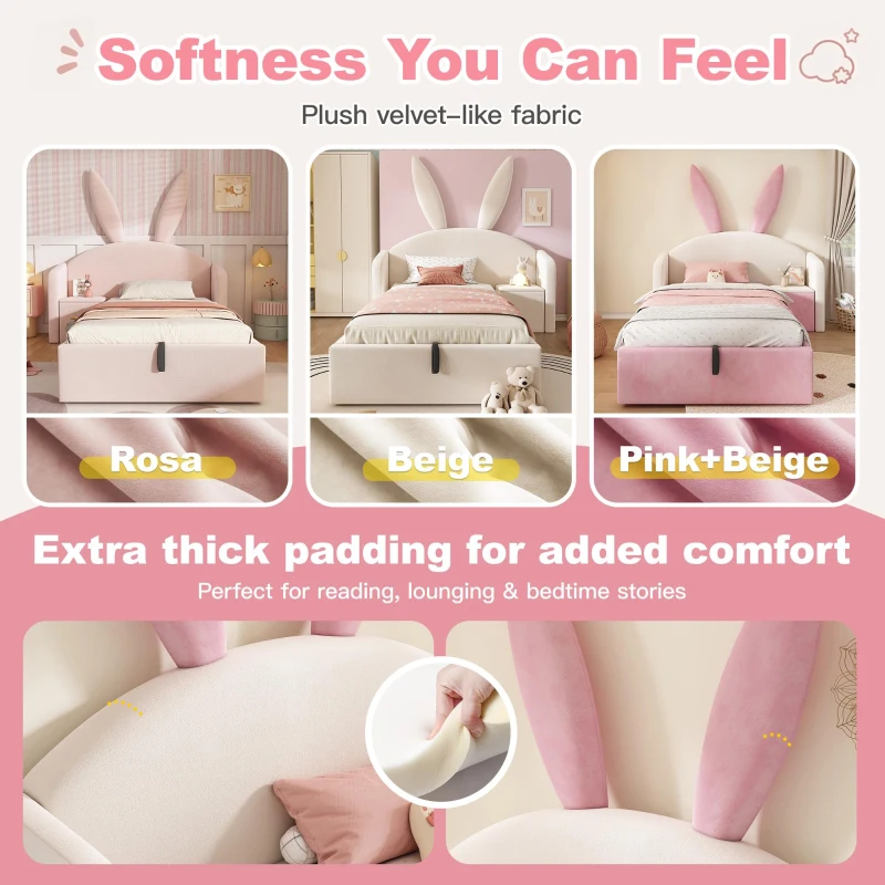 Bunny Ears Children's Bed with Hydraulic Storage, Adorable Bed for Girls Bedrooms, 206L x 149W x 143H cm, Beige+Pink