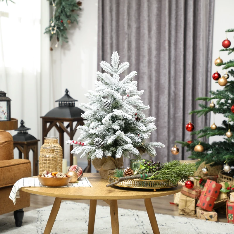 HOMCOM Mini 60cm Weihnachtsbaum mit 35 LED-Lichtern, Schnee-Effekt, Mini-Tischbaum mit Tannenzapfen, Künstlicher Weihnachtsbaum für Weihnachtsdekoration, Weiß