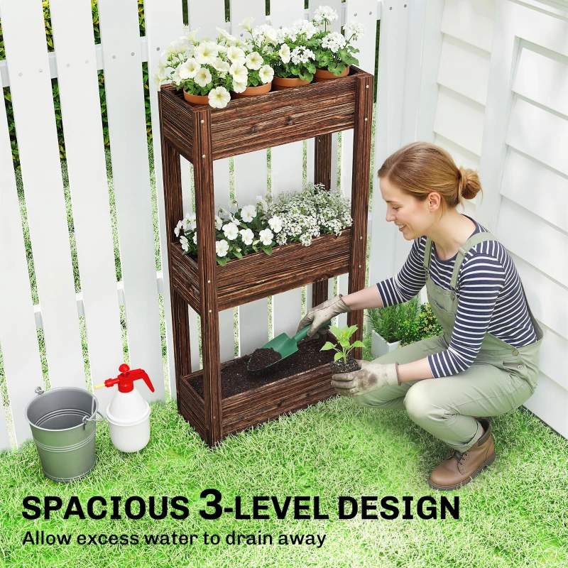 Outsunny 3-Tier Wooden Raised Planter, Raised Garden Bed on Legs with Drainage Holes and Bed Liner, Elevated Garden Planter