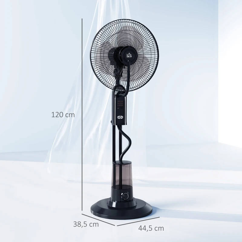 HOMCOM Ventoinha de Pé com Nebulizador 75 W Temporizador Depósito 3,2L Controlo Remoto 3 Velocidades 3 Hélices e Ecrã LED Ø44,5 cm Preto