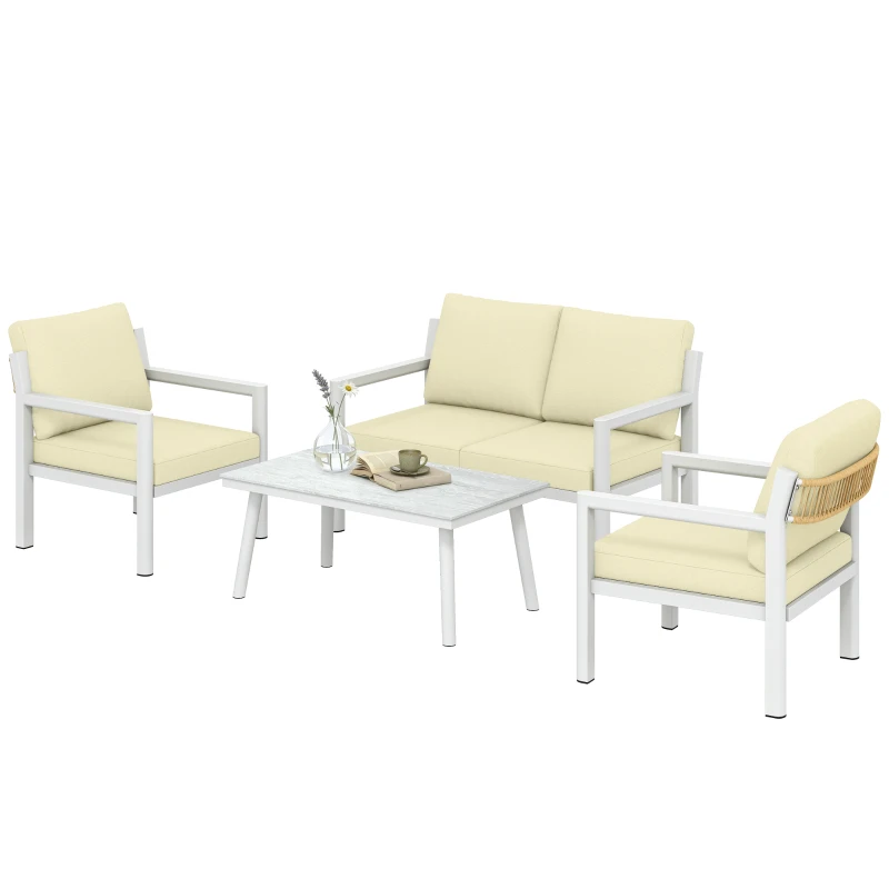 Outsunny 4 Seater Rattan Garden Furniture Set with 2 Armchairs, Loveseat, Coffee Table, Garden Sofa Set with Cushions, Beige