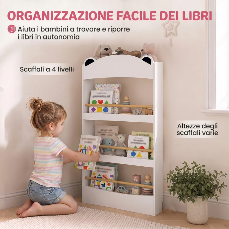 AIYAPLAY Libreria Montessoriana per Bambini 3-8 Anni a Forma di Orso con 4 Ripiani in Legno, 50x15x97 cm, Bianco