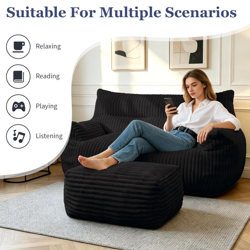 Oversized 2-Seater Corduroy Sofa with Ottoman, Comfortable Couch for Couples and Family, 100L x 135W x 75H cm, Black