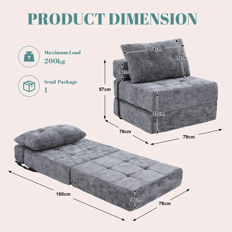 Cozy Convertible Floor Sofa Bed with Button-Tufted Detailing, Soft Chenille Folding Sleeper Couch for Living Room, 180L x 79W x 57H cm, Gray