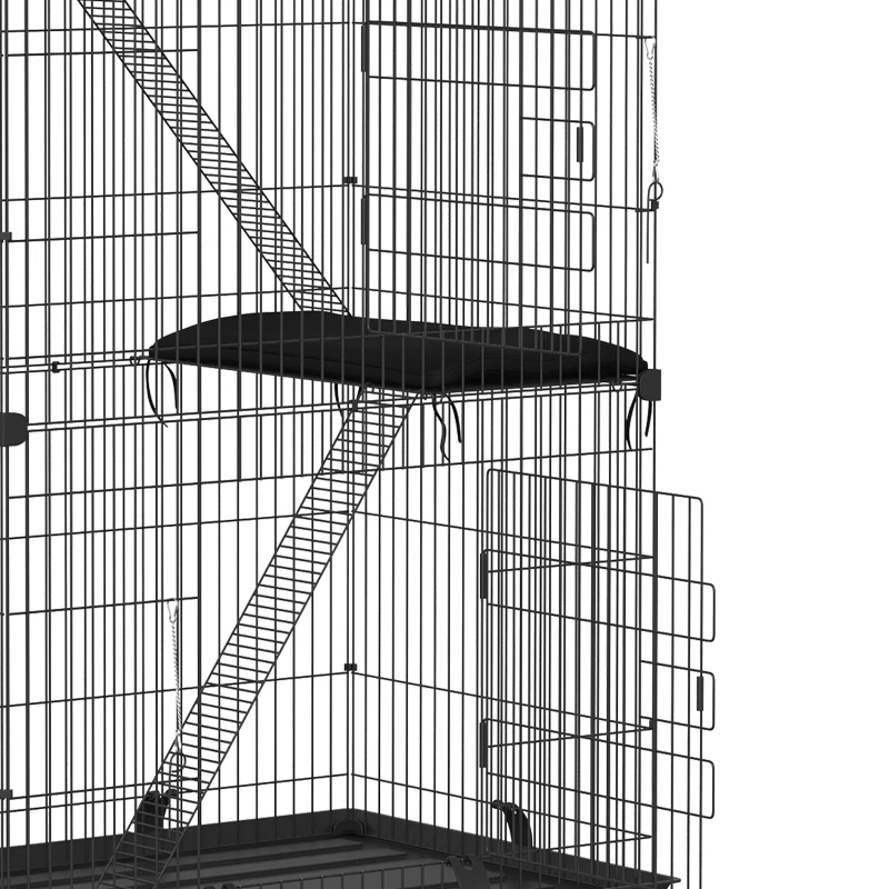 PawHut 3-Tier Large Cat Cage Indoor, Detachable Metal Wire Kennel with Hammock, Platforms, Tray and Cushions for 1-2 Kittens