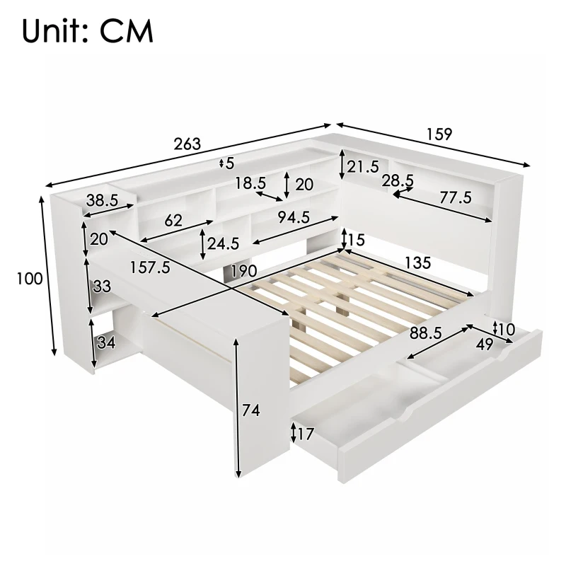 4ft6 Double Daybed with Built-In Desk and Storage Drawers, Modern Wooden Frame Sleeper Bed for Home Office, 263L x 159W x 100H cm, White
