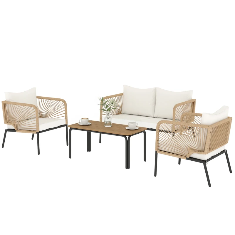 Outsunny Conjunto Jardim de 4 Peças Móveis de Exterior com Sofá de 2 Lugares 2 Poltronas e Mesa de WPC Branco e Castanho