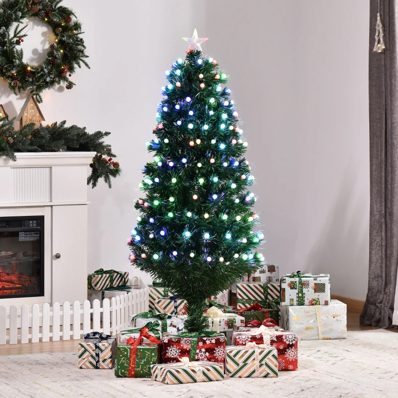 HOMCOM Albero di Natale Artificiale 150cm con 170 Luci LED e Fibre Ottiche, Albero di Natale con Luci Incorporate e 170 Rami e Base in Metallo Pieghevole, Verde