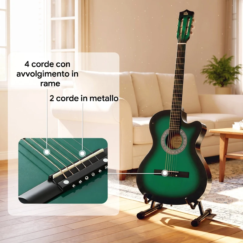 HOMCOM Chitarra Elettrica 38 Pollici, per Principianti Junior e Adulti con Finitura Lucida, Custodia, Tracolla, Plettri e Corde di Ricambio, Verde Scuro