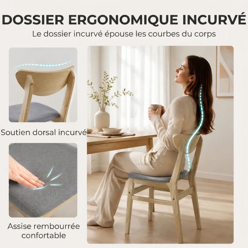 HOMCOM Lot de 2 Chaises de Salle à Manger, Chaises Cuisine, Assise Rembourrées en Lin, Dossier Incurvé, Gris et Bois Naturel