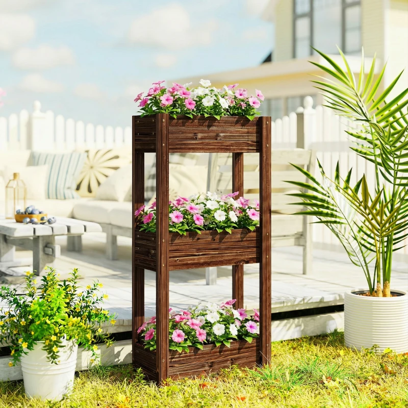 Outsunny 3-Tier Wooden Raised Planter, Raised Garden Bed on Legs with Drainage Holes and Bed Liner, Elevated Garden Planter
