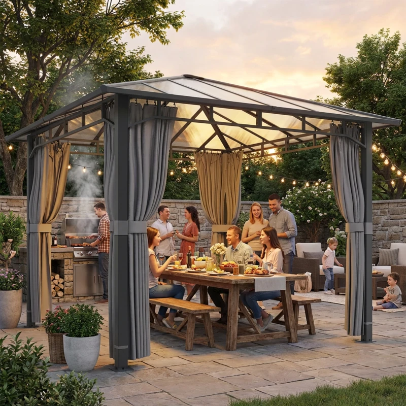Outsunny Gartenpavillon ca. 3 x 3 m Metall Pavillon mit 6 mm Polycarbonat-Dach 4 Seitenteile, UV50+ Dunkelgrau