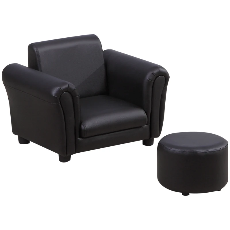 HOMCOM Ensemble Fauteuil et Pouf Enfant Style Contemporain Structure Bois revêtement synthétique PVC Noir