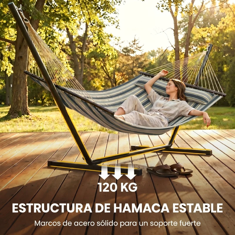 Outsunny Hamaca con Soporte Hamaca de Jardín Portátil con Almohada Desmontable Barras Separadoras 353x94x115 cm Verde