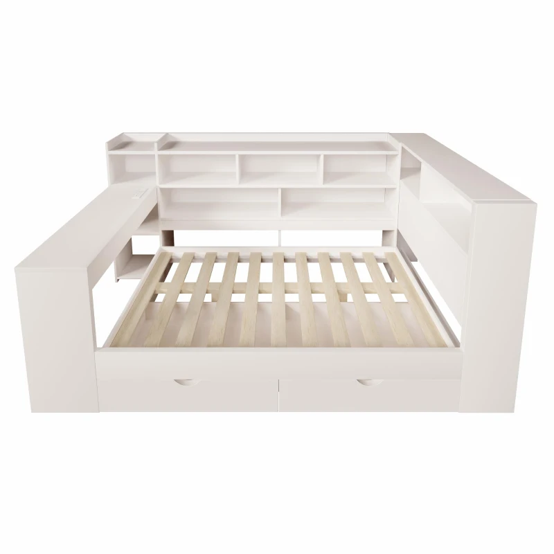 4ft6 Double Daybed with Built-In Desk and Storage Drawers, Modern Wooden Frame Sleeper Bed for Home Office, 263L x 159W x 100H cm, White