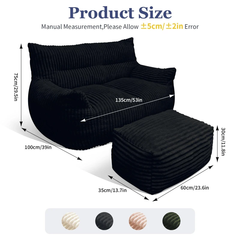 Oversized 2-Seater Corduroy Sofa with Ottoman, Comfortable Couch for Couples and Family, 100L x 135W x 75H cm, Black