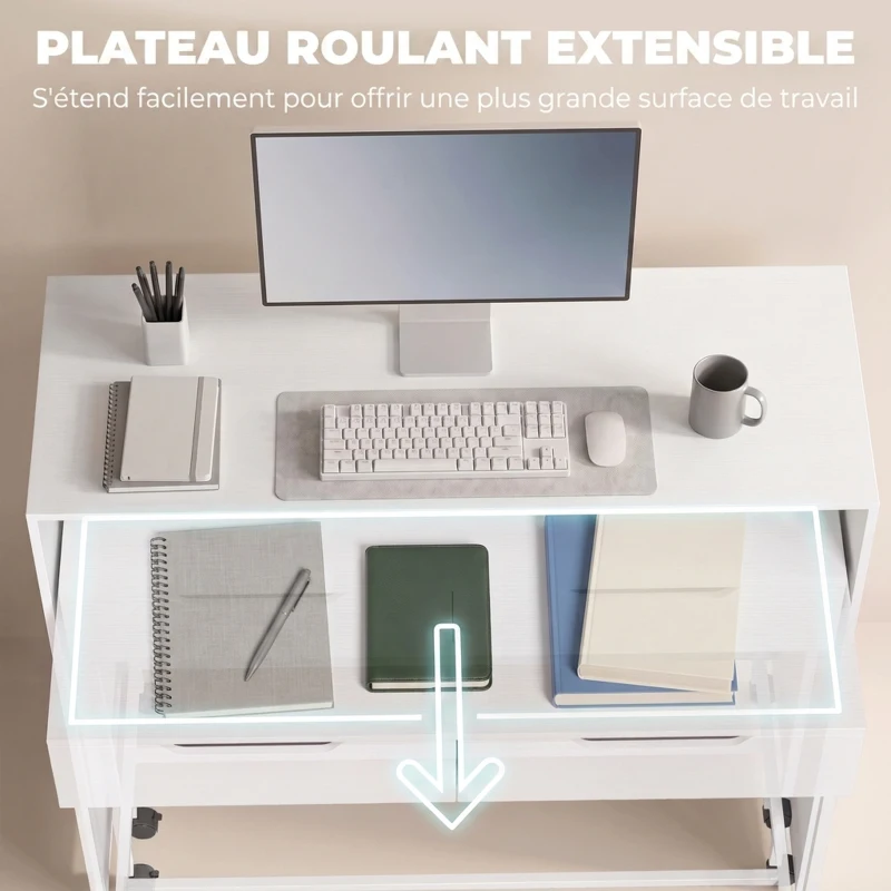 HOMCOM Bureau d'Ordinateur Extensible 100 cm avec 2 Tiroirs, Bureau avec Rangement, Style Moderne, Blanc
