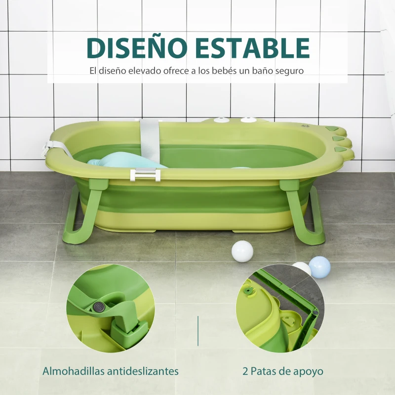 HOMCOM Bañera Plegable para Bebé Bañera Bebé 0-3 Años 50 Litros con Cojín Cómodo y Patas Plegables Carga 50 kg 80x53,9x20,8 cm Verde