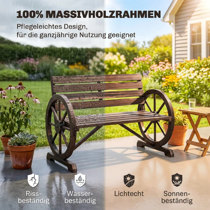 Outsunny Gartenbank 2-Sitzer Sitzbank Holzbank Wagenrad mit Armlehne Landhausstil Tannenholz Braun 105,5 x 59 x 75 cm