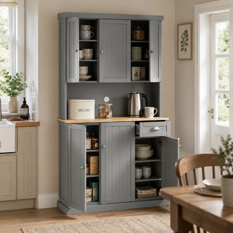 HOMCOM 180cm Freestanding Kitchen Cabinet, Modern Storage Cupboard with Open Countertop, Drawer and 6 Doors, Grey