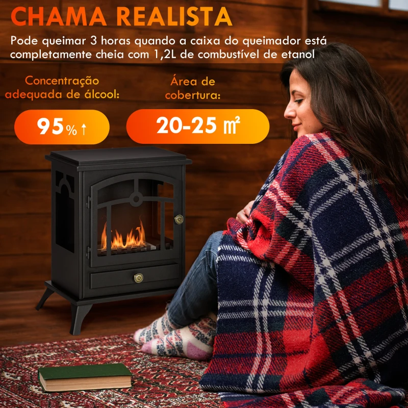 HOMCOM Lareira de Bioetanol com Depósito de 0,9 L Tempo de Combustão 3H para Interiores 20-25 m² 45x28x54 cm Preto