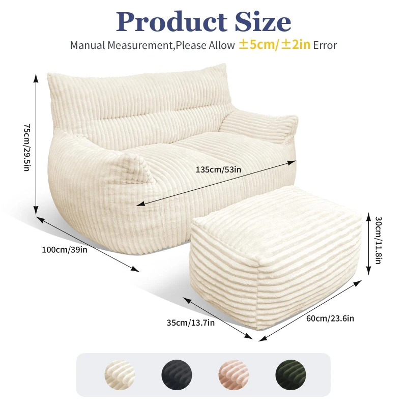 Oversized 2-Seater Corduroy Sofa with Ottoman, Comfortable Couch for Couples and Family, 100L x 135W x 75H cm, White