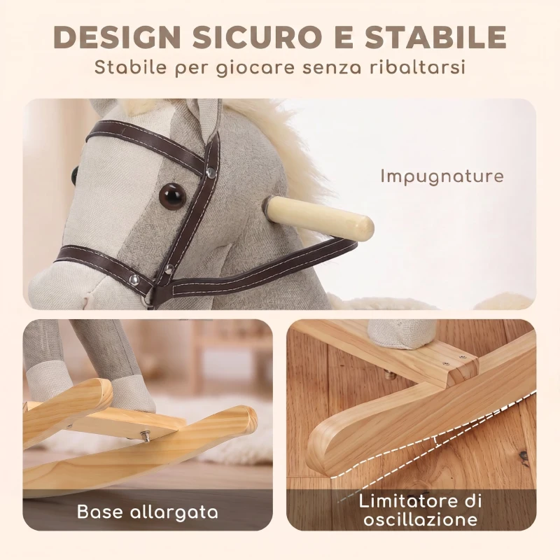 AIYAPLAY Cavallo a Dondolo per Bambini 1-3 Anni in Tessuto Effetto Lino con Suoni di Zoccoli e Nitriti, Grigio